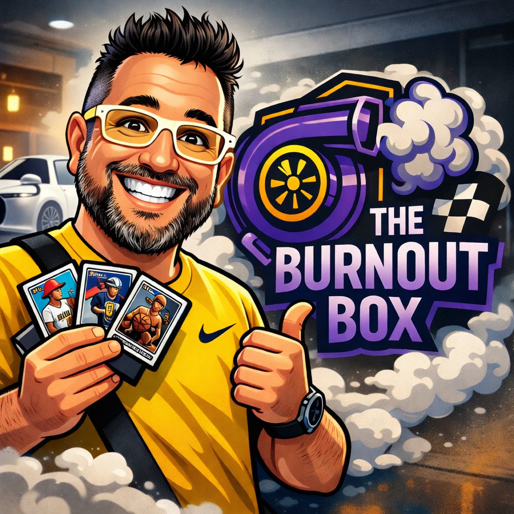The Burnout Box owner holding trading cards